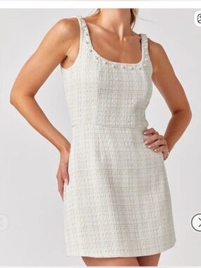 Francesca's Collections White Tweed Pearl-Embellished Mini Dress